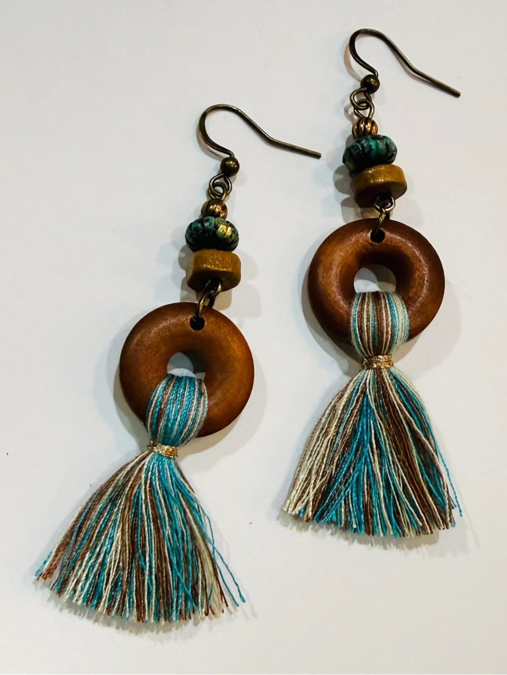 Boho Wooden Tassel Earrings | Turquoise Bead Fringe Dangles | Earthy Statement